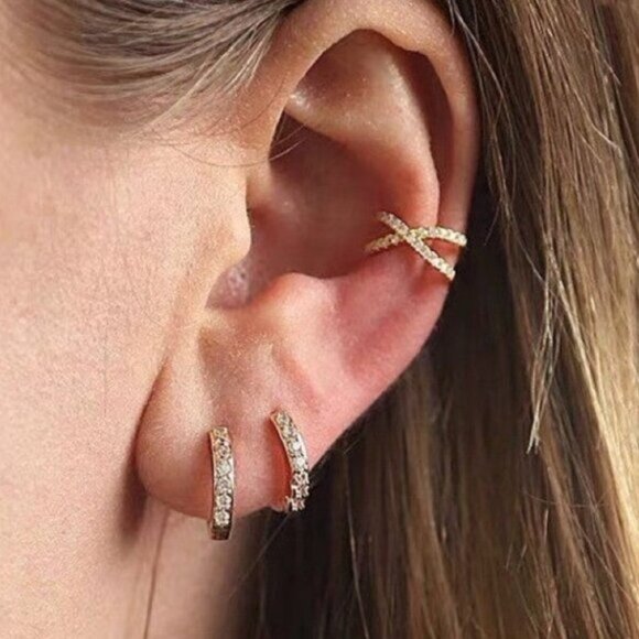 Gold Adjustable Cross Ear Cuff No Piercing 18K Gold on Sterling Silver Pretty - Picture 5 of 10